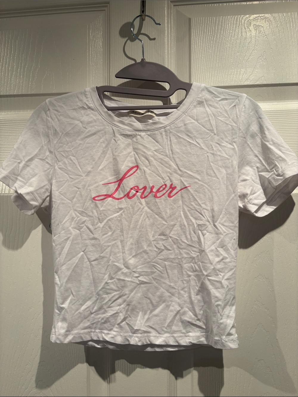 Active USA White Crop Tee with Pink "Lover" Script